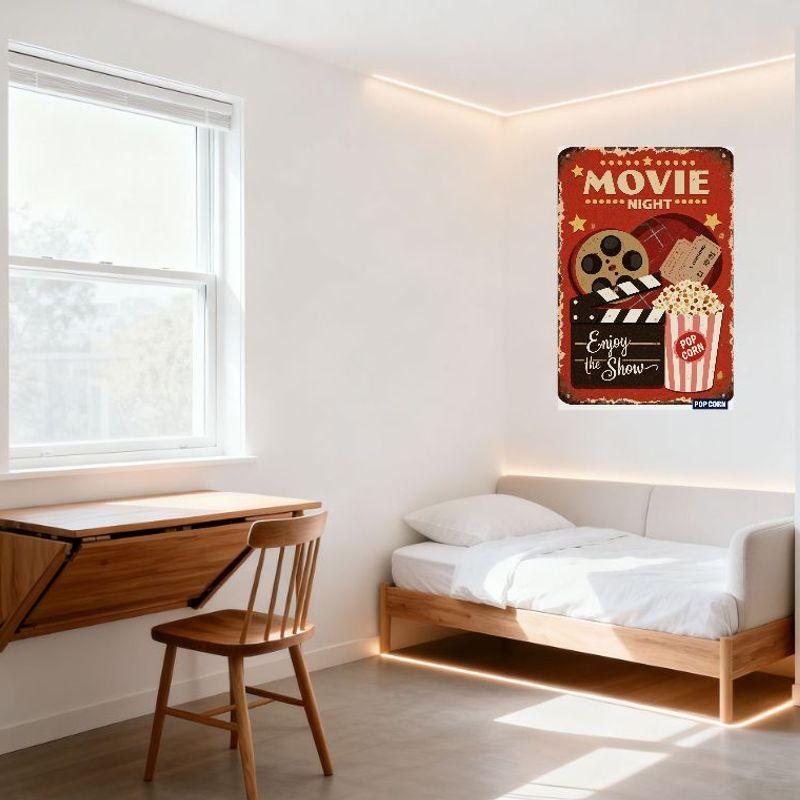 Винтажная металлическая жестяная табличка "Вечер кино" - Красный фон с кинопленкой, хлопушкой, ведром для попкорна и билетами для домашнего кинотеатра, кафе