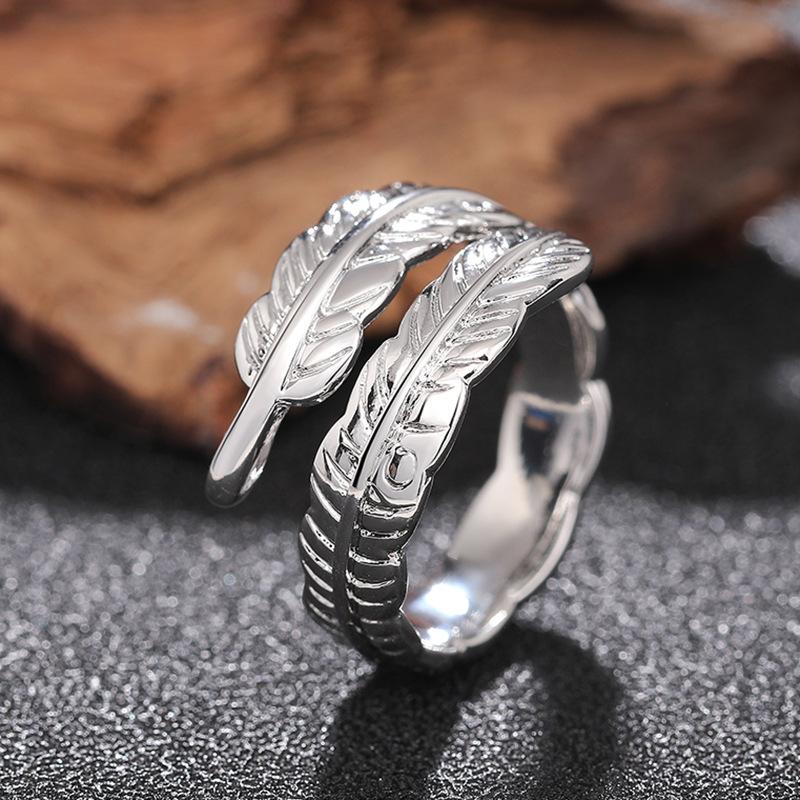 Кольцо в форме пера из стерлингового серебра для женщин, винтажная вечеринка в стиле панк, регулируемое украшение на палец, ретро-аксессуары