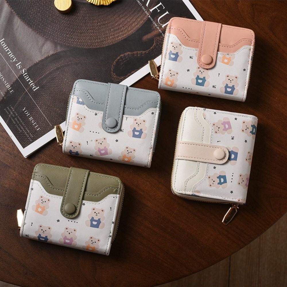 Cute PU Leather Short Wallet Cute Bear Design Multiple Card Slots Zippered Coin Pocket Snap Button Card Holder Girls