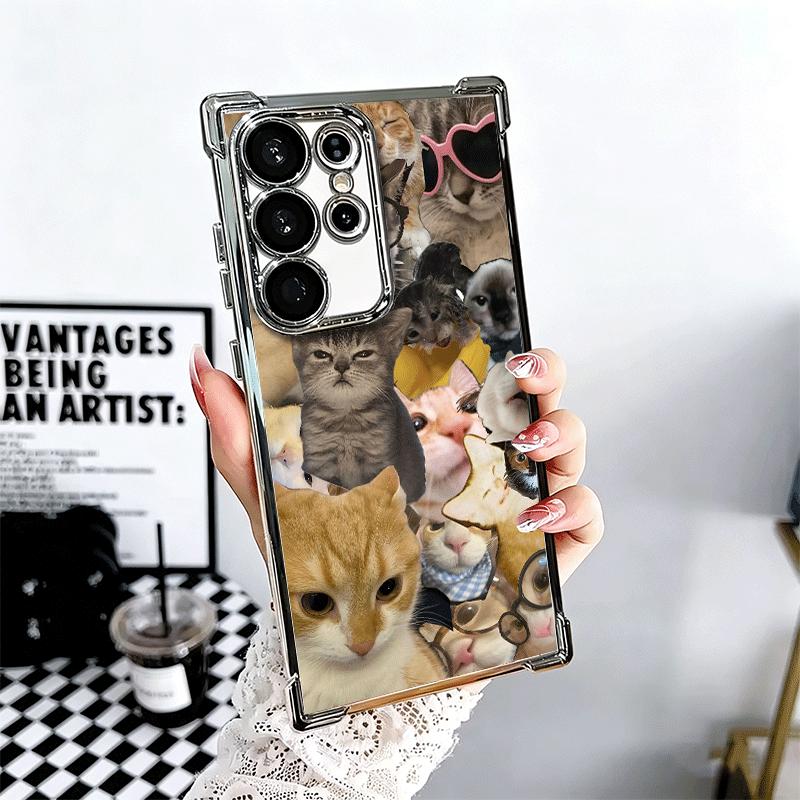 Crying Cats Combine Memes Plating Phone Case For Samsung Galaxy S24 S25 FE S26 Edge S23 Ultra S22 S21 Plus S20 Anti-Fall Airabag