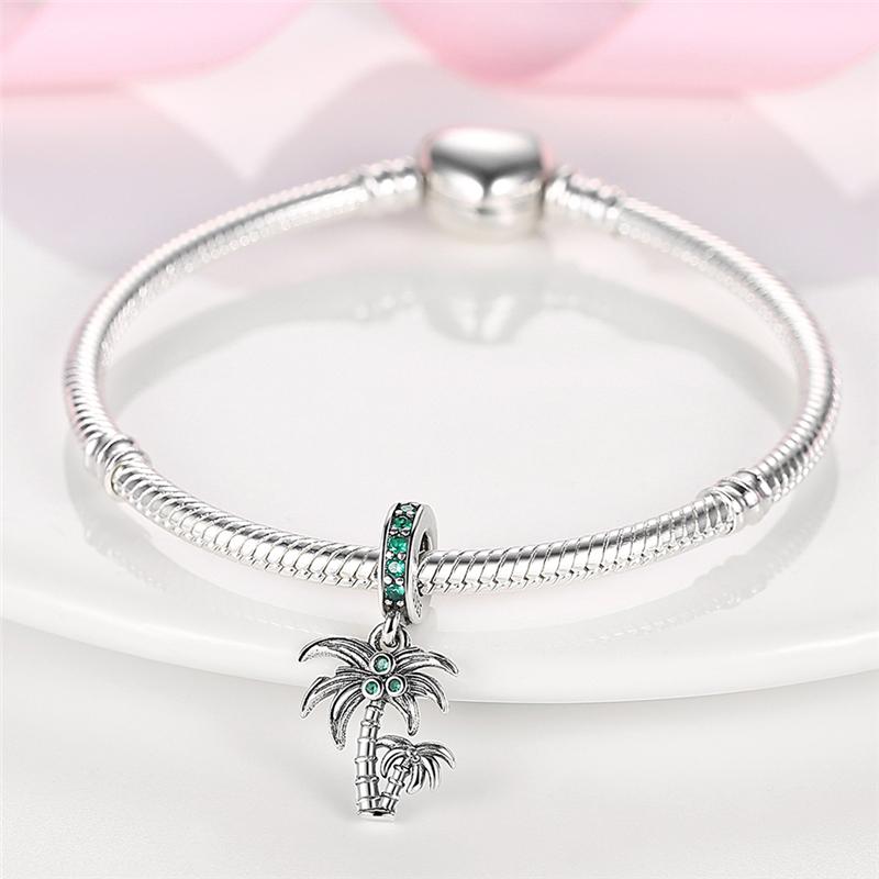Charms Plata Summer Green Zircon Coconut Tree Beads Fit Original Bracelets Charms For Women Jewelry Diy Making Gifts