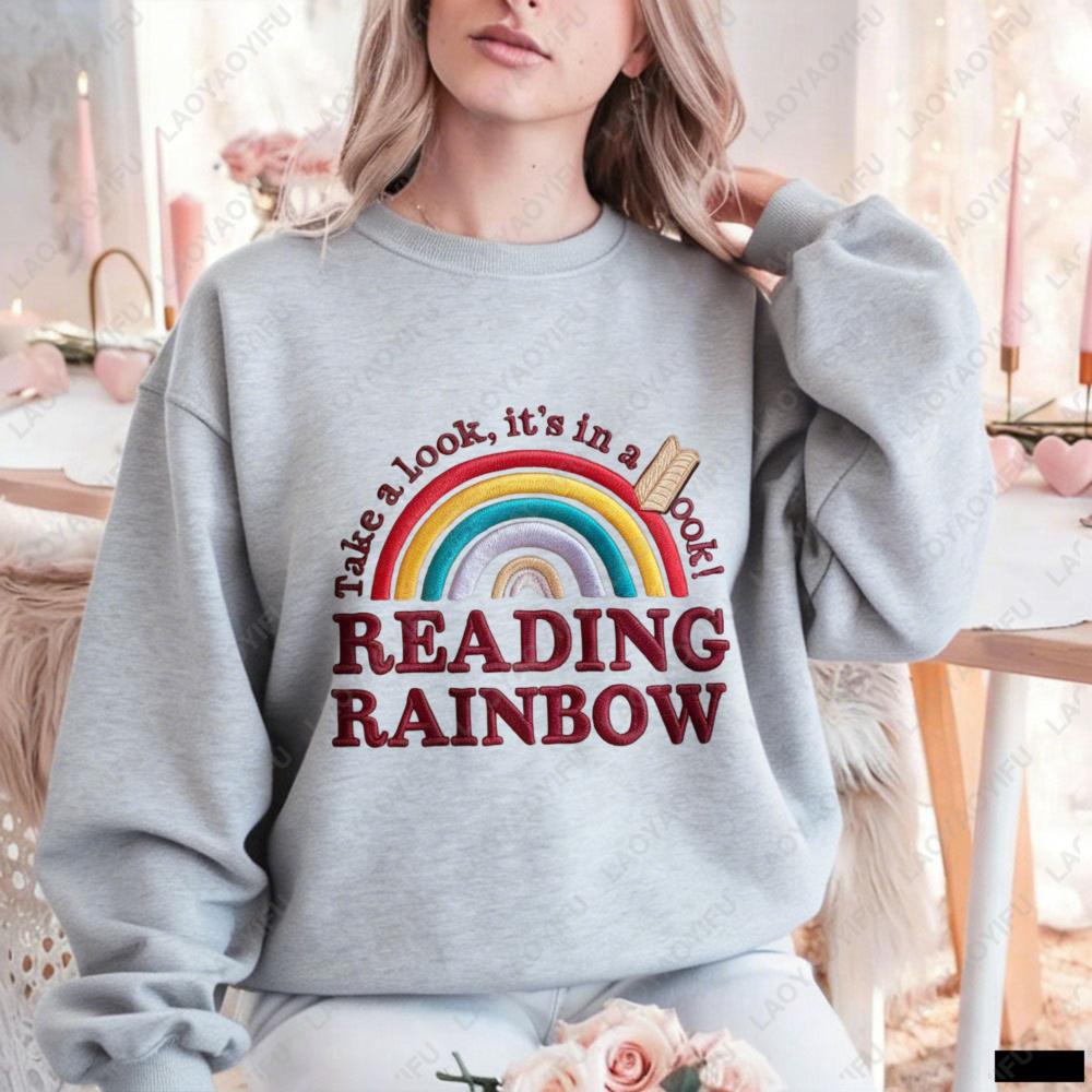 Reading Rainbow Взгляни Женский свитшот DTF-печать Вышитый стиль Пуловер, Ретро Подарок книголюбу для заядлых читателей
