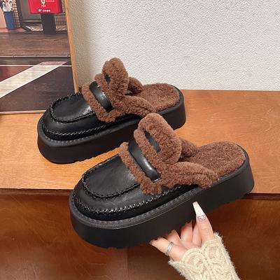 Женские замшевые тапочки на платформе, модные балетки, меховые, теплые, плюшевые, хлопковые, шлепанцы, кожаные туфли, зимняя мода, удобные, с открытой пяткой, Zapatos Mujer