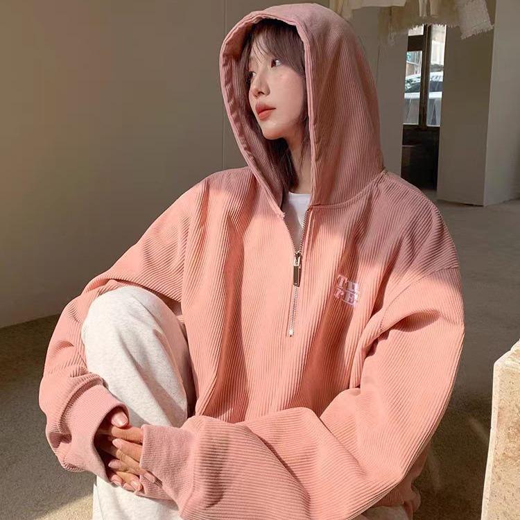 Women Long Sleeve Hooded V Neck Loose Pullovers Female Tops Solid Color Sweatshirts