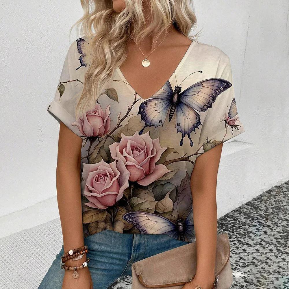 Summer Women T-shirt Butterfly Pattern V-Neck Tops Tees Female Fashion Trend Short Sleeve Clothing Ladies Daily Casual Outfit