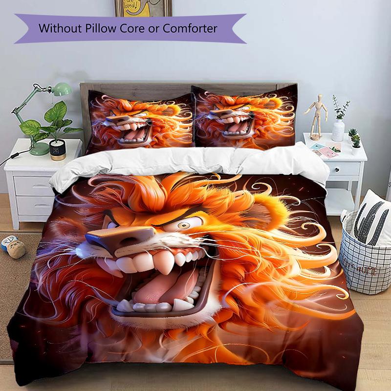 3pcs Lion Head Bedding Set - 1 Duvet Cover + 2 Pillowcases(Core Not Included), Machine Washable Polyester yy251216120