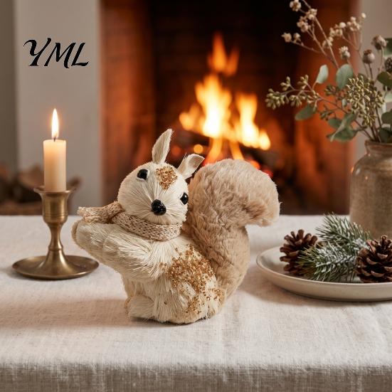 Forest Atmosphere Party Supplies Handmade Straw Deer/Squirrel Christmas Ornaments with Scarf, Retro Pastoral Style Small Table Decorations Rustic