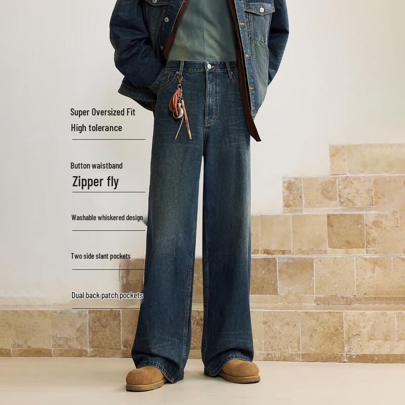 Мужские джинсы широкого кроя JACK&JONES с эффектом стирки и множеством карманов