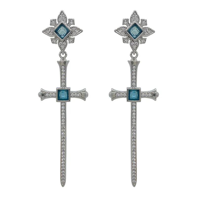 JWER Vintage Shine Crystal Zircon Cross Drop Earring For Women Girl Fashion Rhinestone Sword Earrings Punk Female Party Jewelry