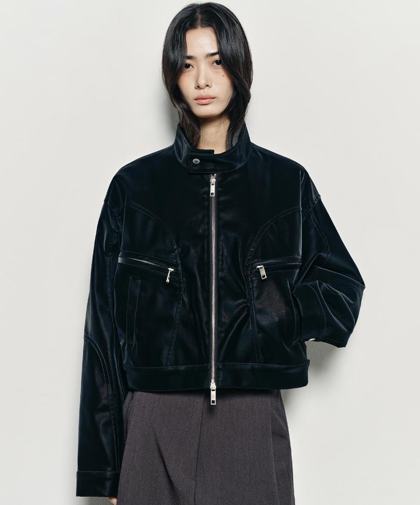 Nick&Nicole Satin Leather Crop Blouson Jacket_Black