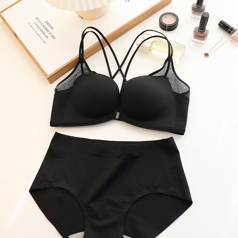 Japanese Light Cotton Lace Seamless Push-Up Bra Set with Front Buckle and Stylish Back Design