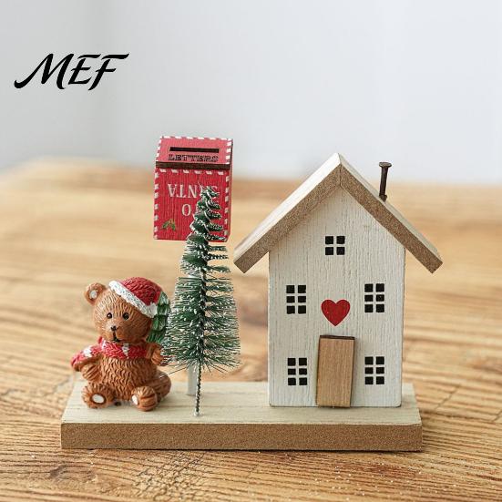 Durable Solid Wood Base Ornaments Mini Christmas Village House Figurine, Winter Scene Ornament with Snowman Holiday Tabletop Decorations Bear