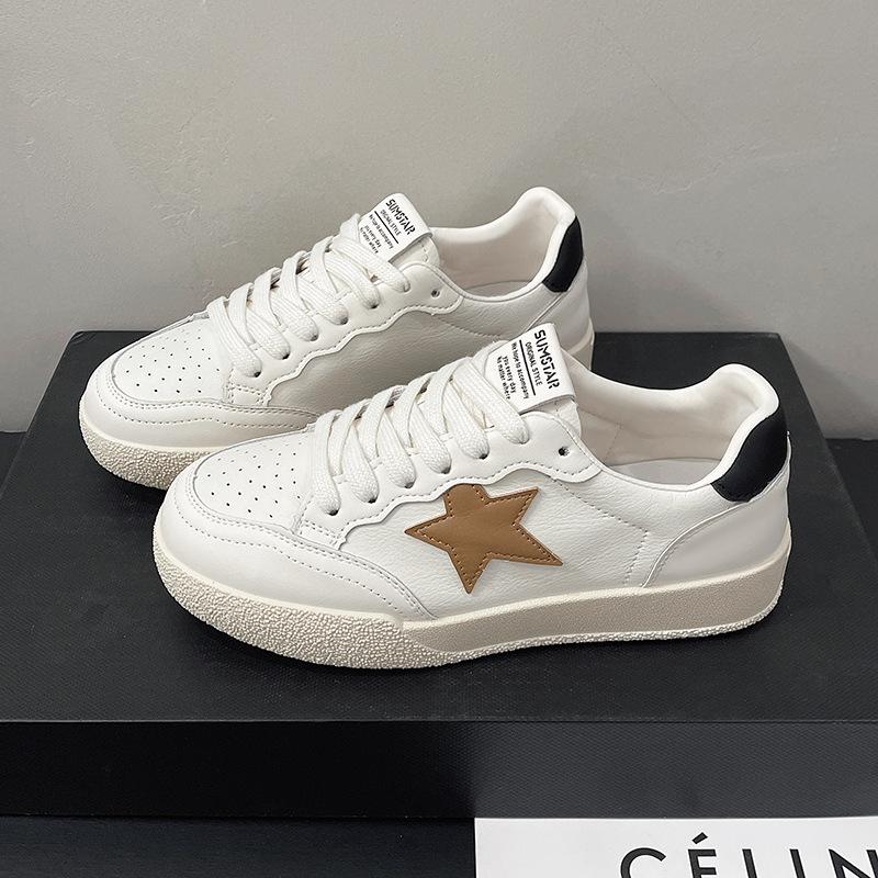 Кожаные белые туфли женские весна-лето 2025 новые повседневные туфли на плоской подошве универсальные спортивные туфли на мягкой подошве туфли Star Board