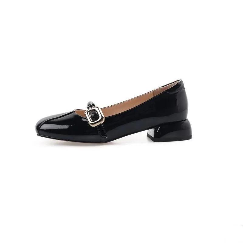 Туфли Marry Janes из лакированной кожи для женщин с круглым носком, пряжкой на ремне, с неглубоким носком, на среднем каблуке, офисная обувь для работы