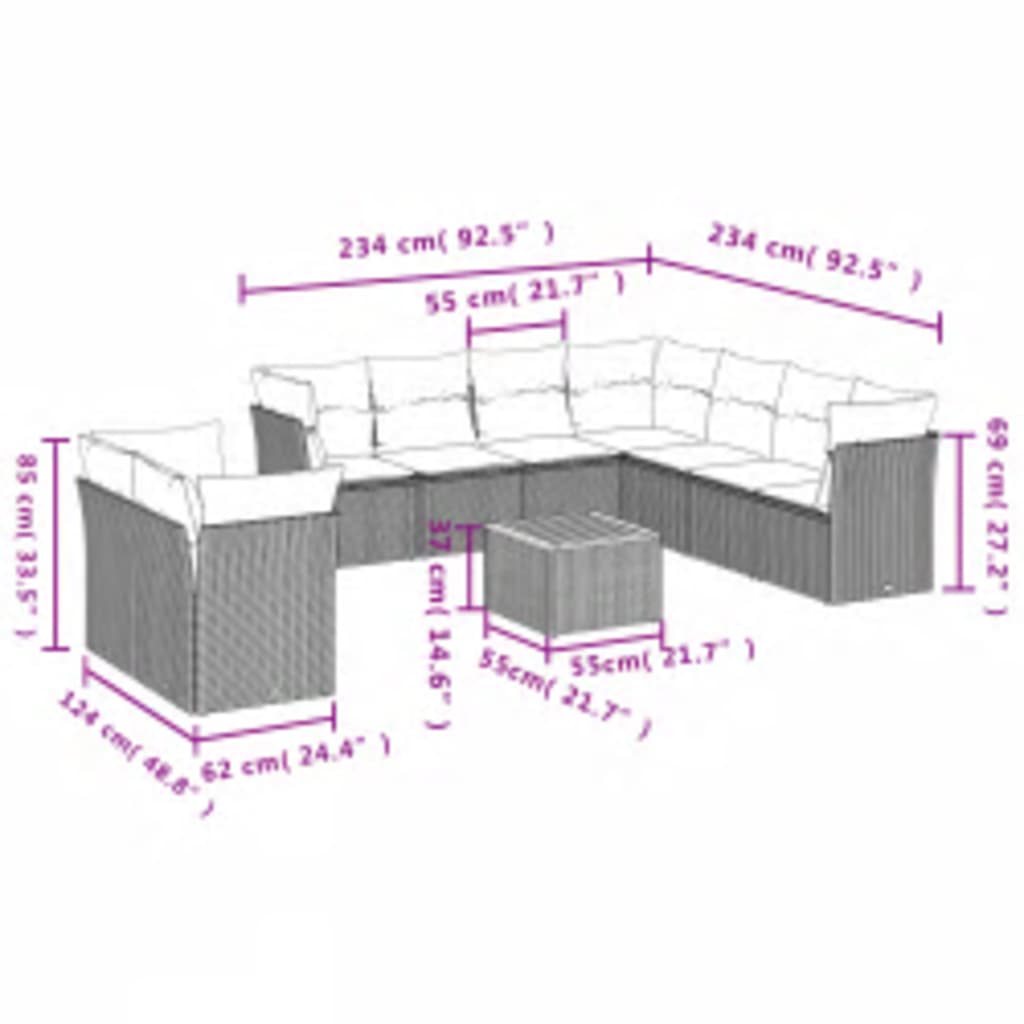 10 piece beige poly rattan garden sofa set with cushions