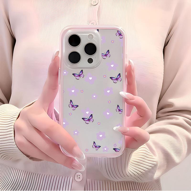 Purple Flower Butterfly TPU Transparent Pink Phone Case For iPhone 11 12 13 14 15 16 17 Pro Max Plus Shockproof Silicone Cover
