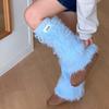 Womens Y2K Girls Winter Furry Leg Warmer wtih Drawstring Harajuku Letter Label Furry Plush Flared Boot Cover Long Socks