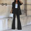 2 Pcs/Set Women Coat Pants Set Lapel Double-breasted Mid Length Cardigan Long Sleeve Jacket Wide Leg High Waist Straight Trousers Lady Formal Commute