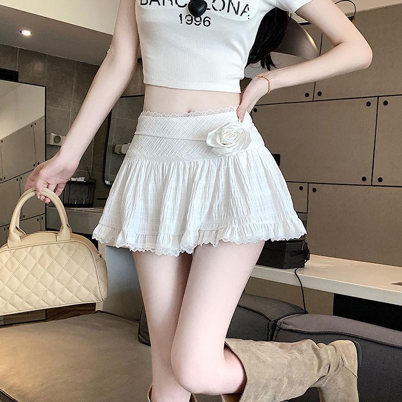 Sweet Elegant Loose Lace Short Skirt Women France Solid High Waist Ruffle Mini Skirts Female Summer Thin Lace Up Skirt