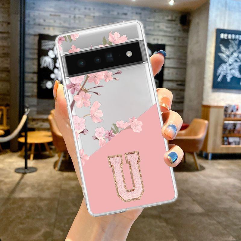 Розовый чехол для телефона с цветами и буквами для Google Pixel 9 Pro XL 8 7 6 Pro 8A 7A 6A 5 4 5A 4A 3A XL 5G ударопрочный мягкий ТПУ прозрачная крышка