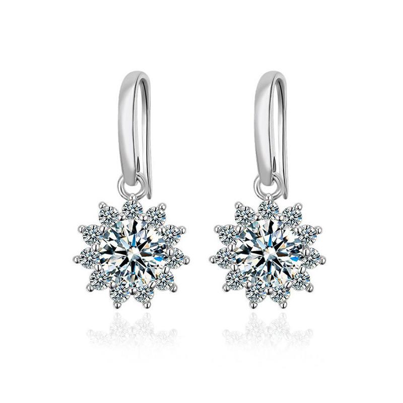 BagueRingen Women's Sterling Silver 925 Jewelry 1 Carat Moissanite Diamond Drop Earrings Sunflower Shaped Ear-drops Gift