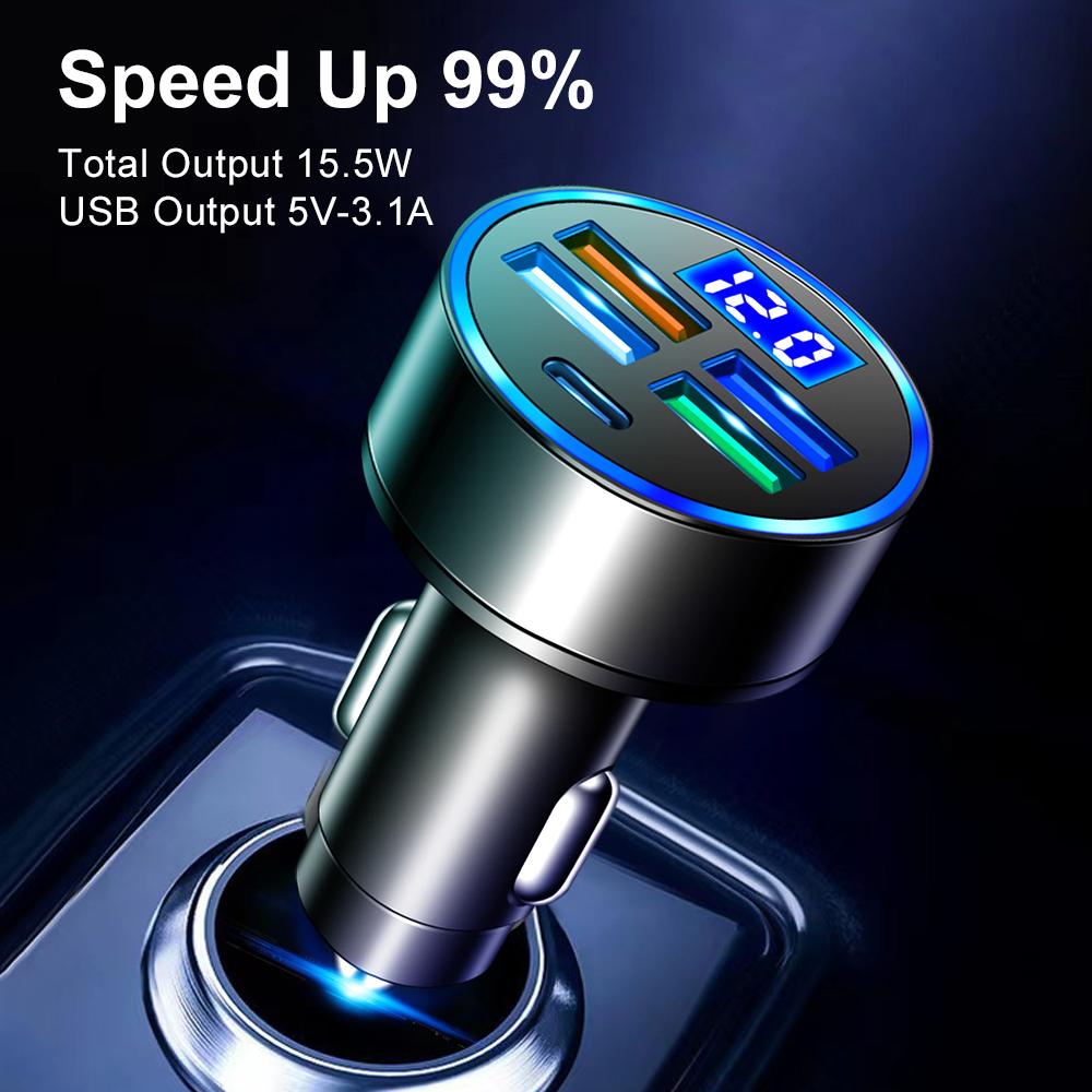 5V 3.1A 4 USB Port Car Charger Socket with LED Voltage Display PD Type C Auto Charger For IPhone Xiaomi Sumsung Huawei 12-24V