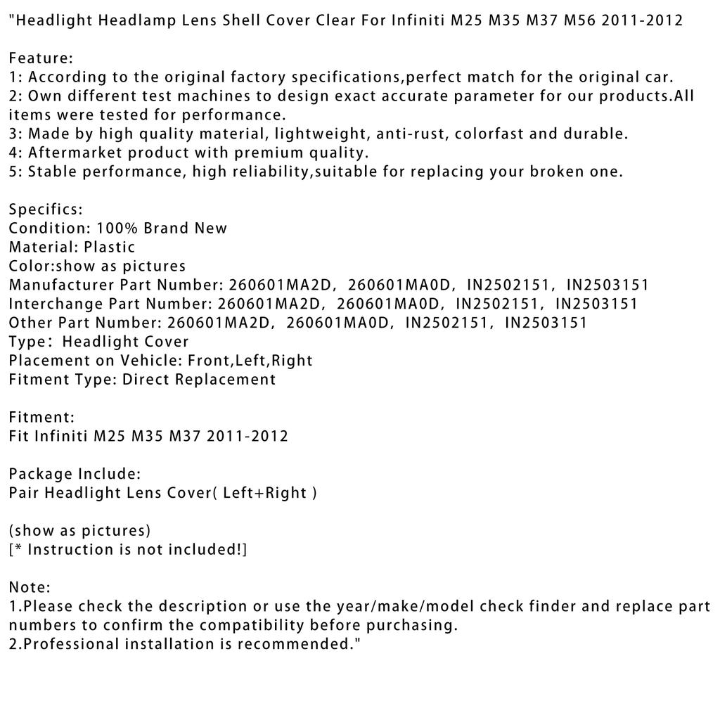 Headlight Headlamp Lens Shell Cover Clear For Infiniti M25 M35 M37 M56 2011-2012