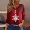 Женская футболка с рождественским принтом, на пуговицах, рукав 3/4, повседневная мода на выходные, базовый топ с V-образным вырезом