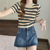 Летняя повседневная корейская короткая и универсальная полосатая утягивающая футболка с круглым вырезом и короткими рукавами для женщин