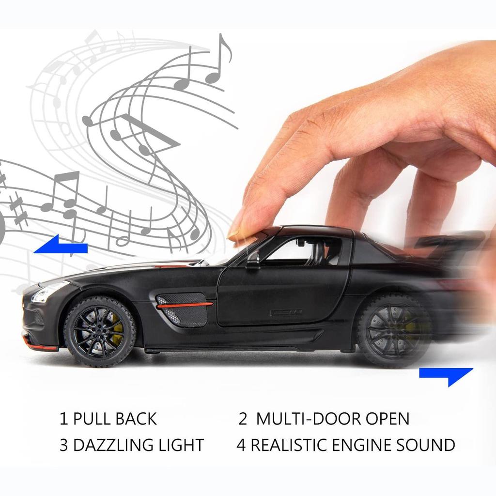 1:32-масштабная модель автомобиля Benz SLS AMG, литая под давлением цинкового сплава, игрушечная машинка с откидной спинкой, звуком и светом для детей, мальчиков и девочек