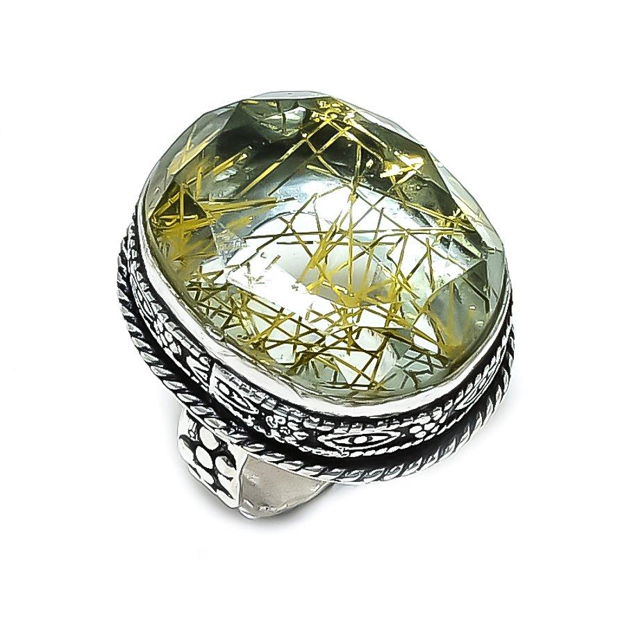 Кольцо из стерлингового серебра 925 пробы с натуральным золотым рутилом, размер 6 T0g40