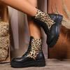 Women's Platform Boots  New Women's Ankle Boots Fashion Leopard Print Round Head Thick Lace-up Boots Motorcycle Boots
