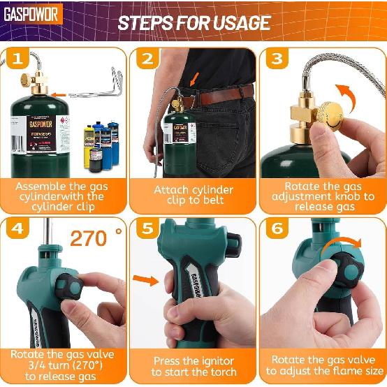 Головка пропановой горелки с пьезоподжигом, Запуск горелки триггером, MAPP-горелка с зажимом для баллона и шлангом из нержавеющей стали, Сварка, Пайка((Топливо не