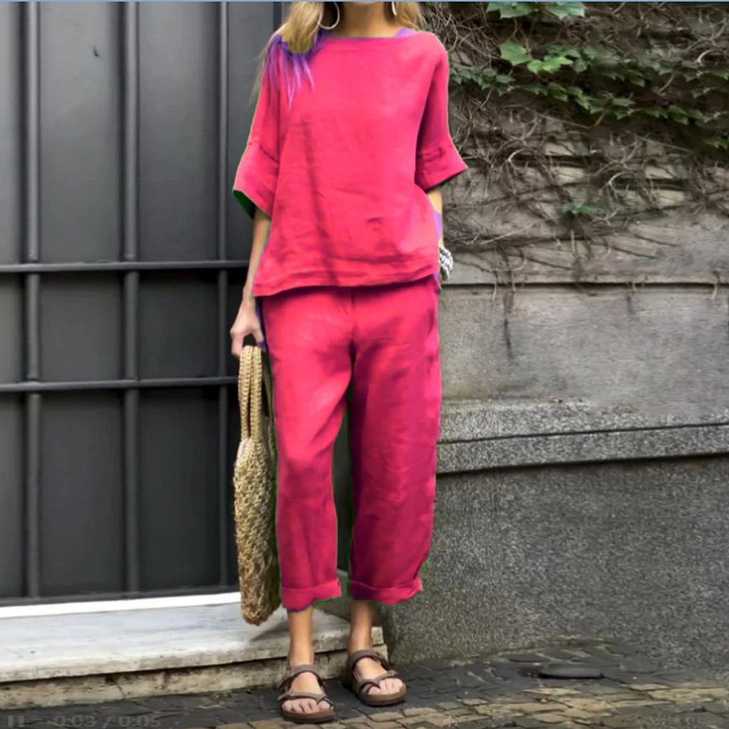 Женский однотонный повседневный хлопковый льняной комплект с рукавами 3/4 и круглым вырезом, топ и брюки