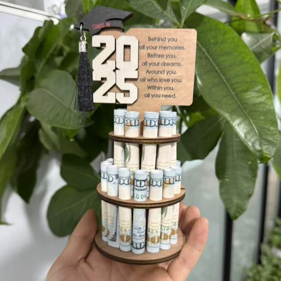 Graduation Wooden Money Holder Tower Double Layers Cash Storage Rack Class of 2025 Graduates Money Gift Grad Party Desktop Decoration