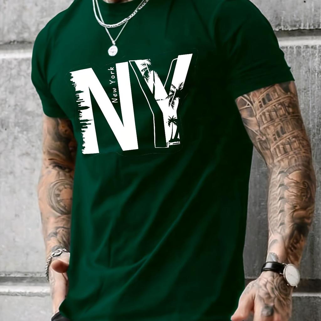 Summer Men's 100% Pure Cotton Casual Loose Plus Size NY Letter Printed Sports Comfortable Round Neck Short Sleeved T-shirt Top