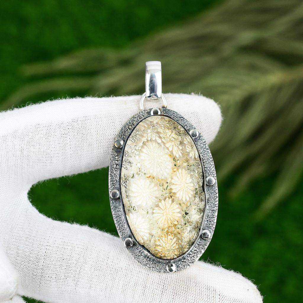 Свадебный подарок для нее Подвеска из стерлингового серебра 925 пробы с натуральным ископаемым кораллом