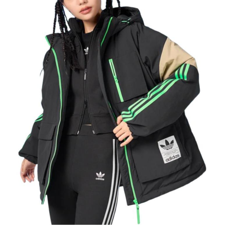 adidas Оригинальная теплая спортивная пуховая куртка с капюшоном и множеством карманов, женская куртка, цветные блоки, черный H64176
