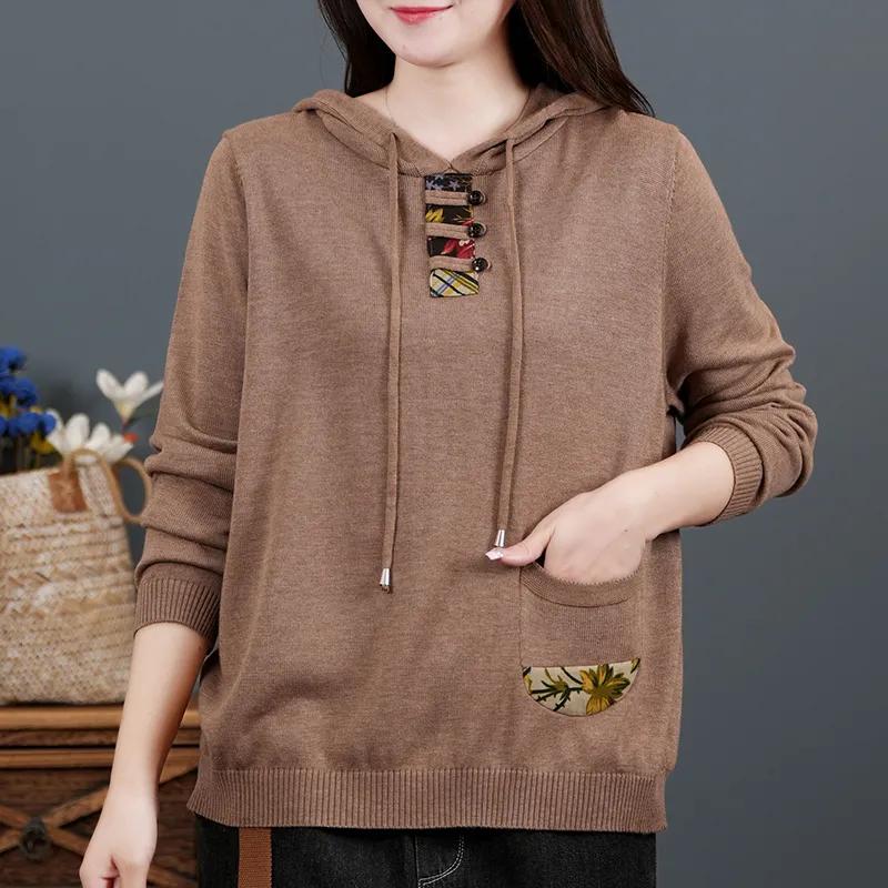 Retro Cotton Long-sleeved Sweater Women's Spring and Autumn Hooded Sweater Loose Sweater