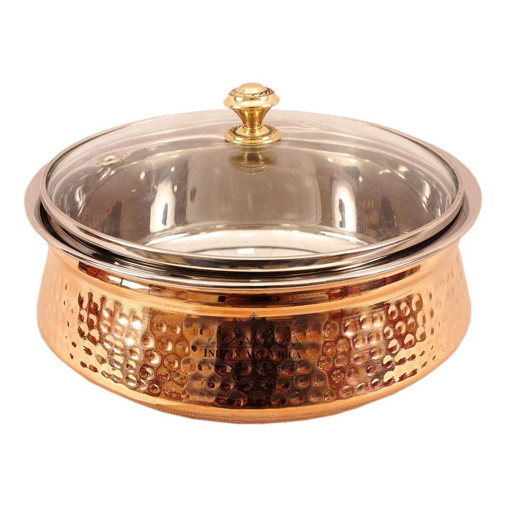 Hammered Steel Copper Casserole Donga Bowl With Glass Lid, Tableware & Serveware, 1350 Ml, Hammered, Polished