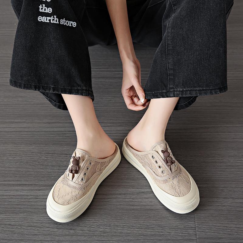 CRLAYDK 2024 Лето Новые Слипоны Женские Туфли Милые Кружева Дышащие Кроссовки Для Прогулок Шлепанцы На Платформе С Открытой Спиной Модные Мюли