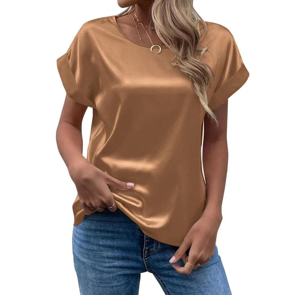 Spring and Summer New Women's Short Sleeve Satin Shirt Loose Casual Round Neck Colored Ding T-shirt Women