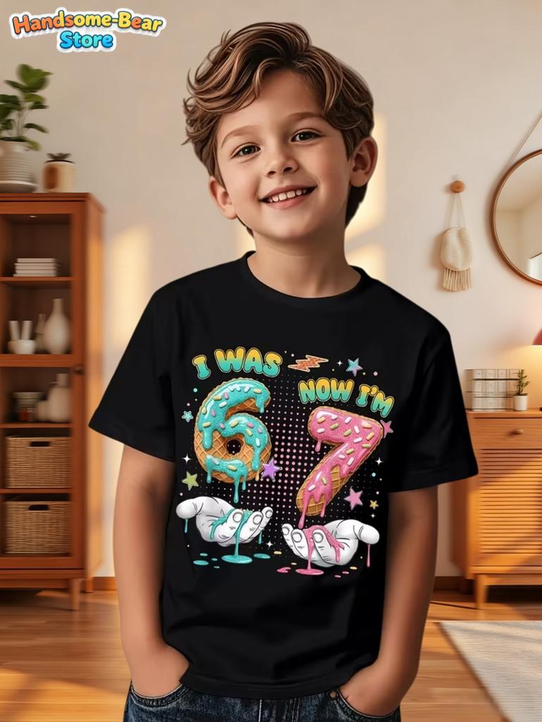 67 Meme T-Shirt for Kids 6-7 Years Old Birthday Party Gifts Summer Short Sleeve Tees Crew Neck Graphic Y2k Children's Clothing
