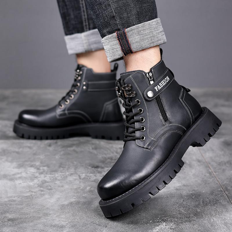 Брендовые мужские ботинки из натуральной кожи с толстой подошвой, с хлопковой подкладкой, теплые рабочие мужские ботинки с мехом, шерстяные кожаные ботинки для отдыха на открытом воздухе