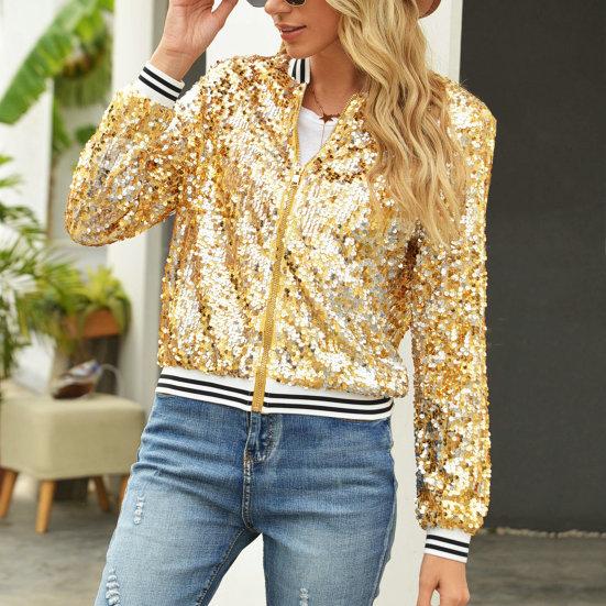 Women Jacket Shiny Sequin Long Sleeve Stand Collar Striped Loose Zipper Closure Elastic Cuff Stage Performance Emcee Coat
