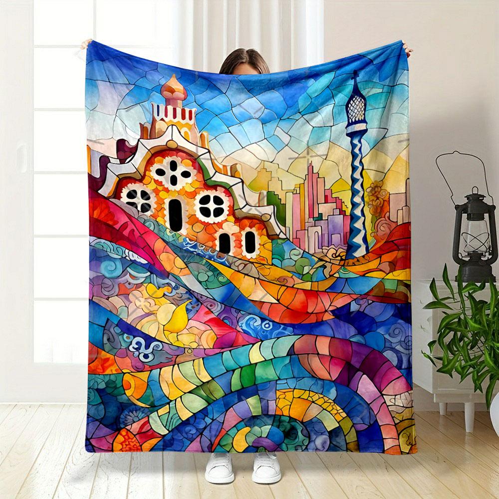 A vibrant stained glass design with curving patterns and architectural forms. for all seasons blanket lunch break throw gift