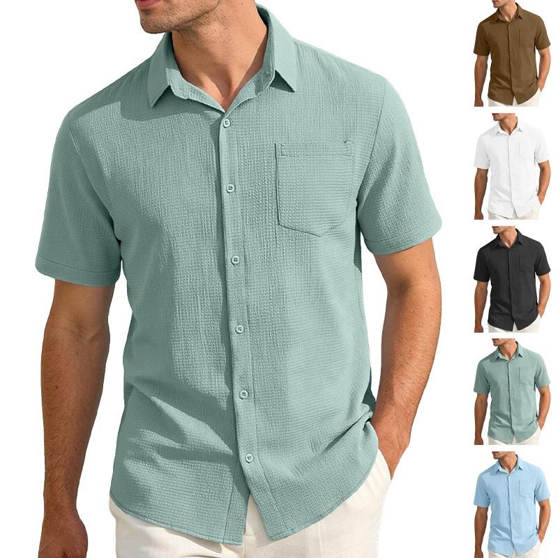 Men's Waffle Texture Short Sleeve Button Down Shirt Casual Pocketed Summer Top
