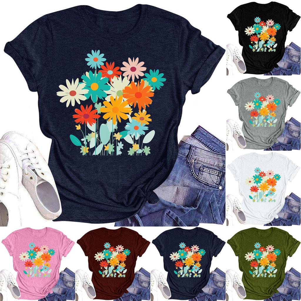 Женская повседневная футболка с круглым вырезом и цветочным принтом, короткий рукав
