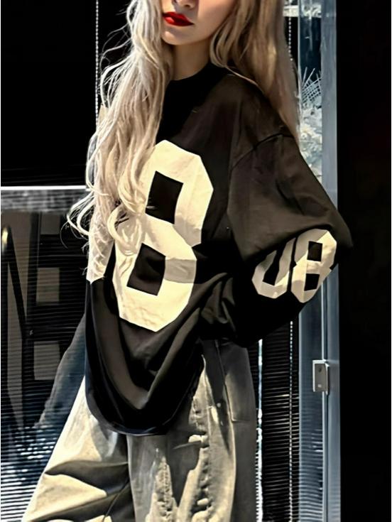 Хлопок-снежинка Американский стиль Нет. 08 Женская футболка с длинным рукавом - Модная осенне-весенняя уличная одежда свободного кроя