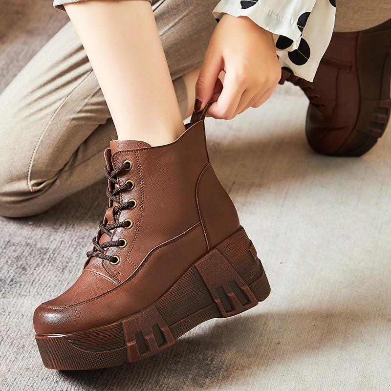 GKTINOO Retro Women Platform Boots Autumn Round Toe Genuine Leather Wedge Heel Ankle Boots Women Handmade Casual Shoes